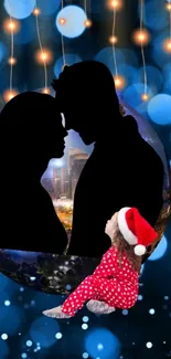 Romantic silhouette with holiday lights backdrop on mobile wallpaper.