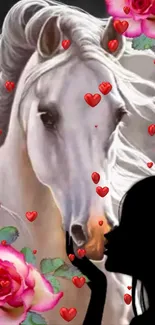 Romantic white horse with roses and hearts in a serene art scene.