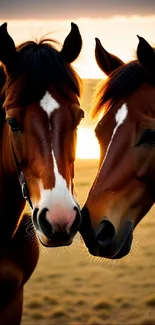 Two horses sharing a moment at sunset, bathed in warm golden light.