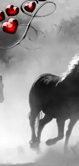 Black and white horses running with red hearts and love text.