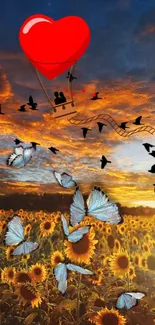 Heart-shaped hot air balloon floats over a sunflower field at sunset with butterflies.