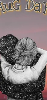 Illustration of a couple hugging at sunset with 'Hug Day' text.