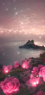 Romantic scene with glowing pink roses on a twilight island.