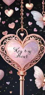 Romantic key with hearts and butterflies wallpaper.