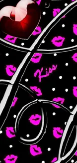 Romantic wallpaper with pink lips and heart on a black background.