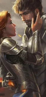 Romantic knight couple in armor embracing passionately in fantasy artwork.