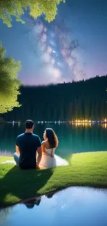 Couple sitting by a serene lake under a starry night sky.