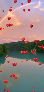 Scenic lake with rainbow and hearts in the sky.