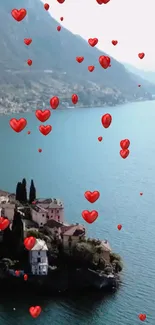 Lakeside view with red heart balloons floating above, creating a romantic setting.