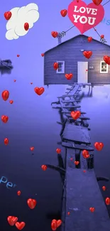 Romantic blue lakeside wallpaper with red hearts and love messages.