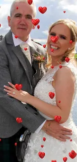 Beautiful lakeside wedding with a happy couple embracing.