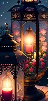 Illuminated lanterns with roses under a starry night sky.
