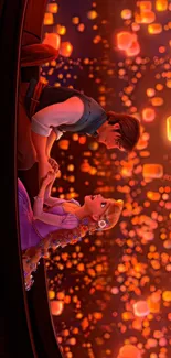 Two animated characters in a romantic scene surrounded by floating lanterns.