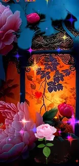 Romantic lantern with pink flowers and a glowing background.