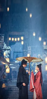 Romantic scene with lanterns and a couple sharing an umbrella.