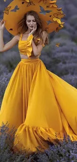 Woman in yellow dress in lavender field