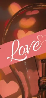 Romantic wallpaper with love text and heart-shaped bokeh.