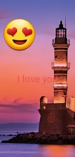 Lighthouse with sunset and heart-eye emoji on a vibrant ocean landscape.