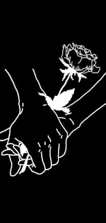 Romantic line art wallpaper with hands and rose on a black background.