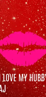 Romantic wallpaper with pink lips on sparkling red background.