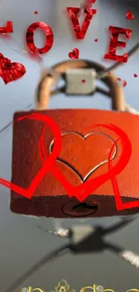 Red padlock with love hearts on fence.