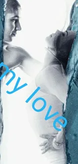 Romantic couple surrounded by blue water with 'my love' text.