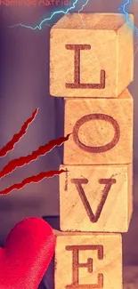 Romantic wooden love blocks mobile wallpaper with heart and lightning.