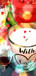 Romantic scene with candle, hearts, and gift box.