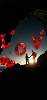 Silhouette couple in love at cave with red 3D hearts.