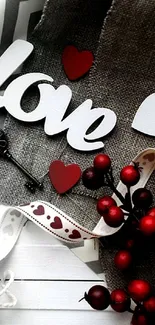 Romantic love decor wallpaper with hearts and keys.