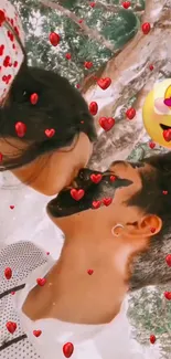 Romantic couple kissing with heart emojis and love emoticons.