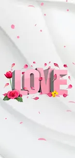 Love text with flowers and petals on white background.