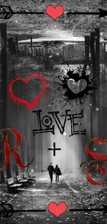 Romantic forest wallpaper with love symbols and hearts.