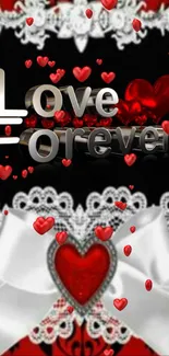 Romantic wallpaper with hearts, lace, and 'Love Forever' text.