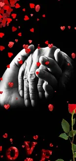 Hands touching with hearts and rose in romantic artwork.