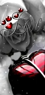 Romantic wallpaper featuring red hearts and a rose with the word 'Love'.