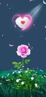 Romantic wallpaper with a glowing heart and pink rose under moonlight.