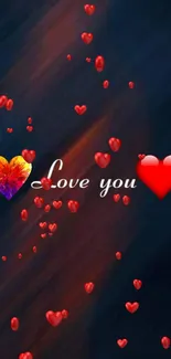 Romantic hearts with 'Love You' text on a dark background mobile wallpaper.