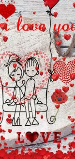 Romantic couple surrounded by red hearts on a love-themed mobile wallpaper.