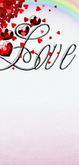 Romantic wallpaper with love script, red hearts, and rainbow.