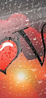 Romantic red heart wallpaper with raindrops and love lettering.