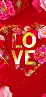 Romantic red heart wallpaper with pink flowers and golden love text.