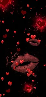 Romantic love-themed red heart wallpaper with glittering lips.