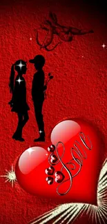 Romantic red heart love wallpaper with silhouette couple.