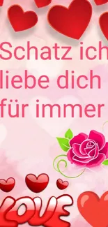 Romantic wallpaper with red hearts and roses, German love text.