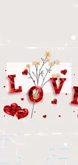 Romantic wallpaper with hearts and flowers saying 'LOVE' in red.