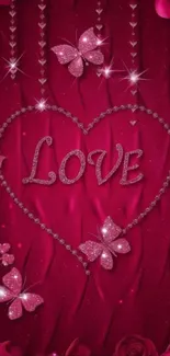 Sparkling love heart with butterflies in pink background.