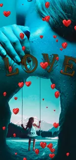 Love-themed wallpaper with red hearts and a teal background.