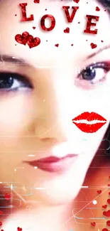 Romantic woman face with love hearts and red lips design.