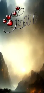 Romantic scene with red hearts and love text over misty mountains.